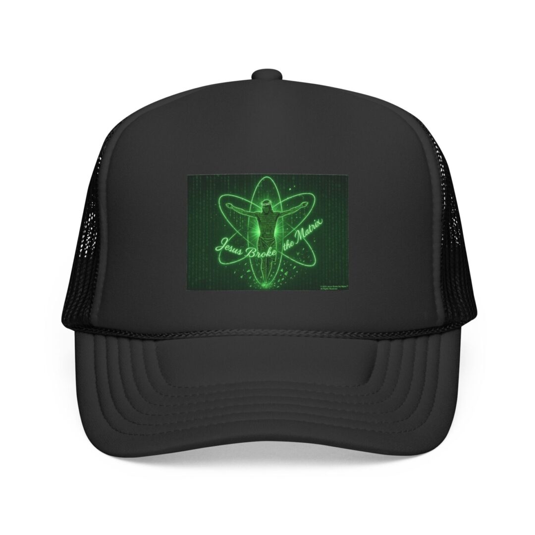 Black cap with a glowing green atom design on the front.