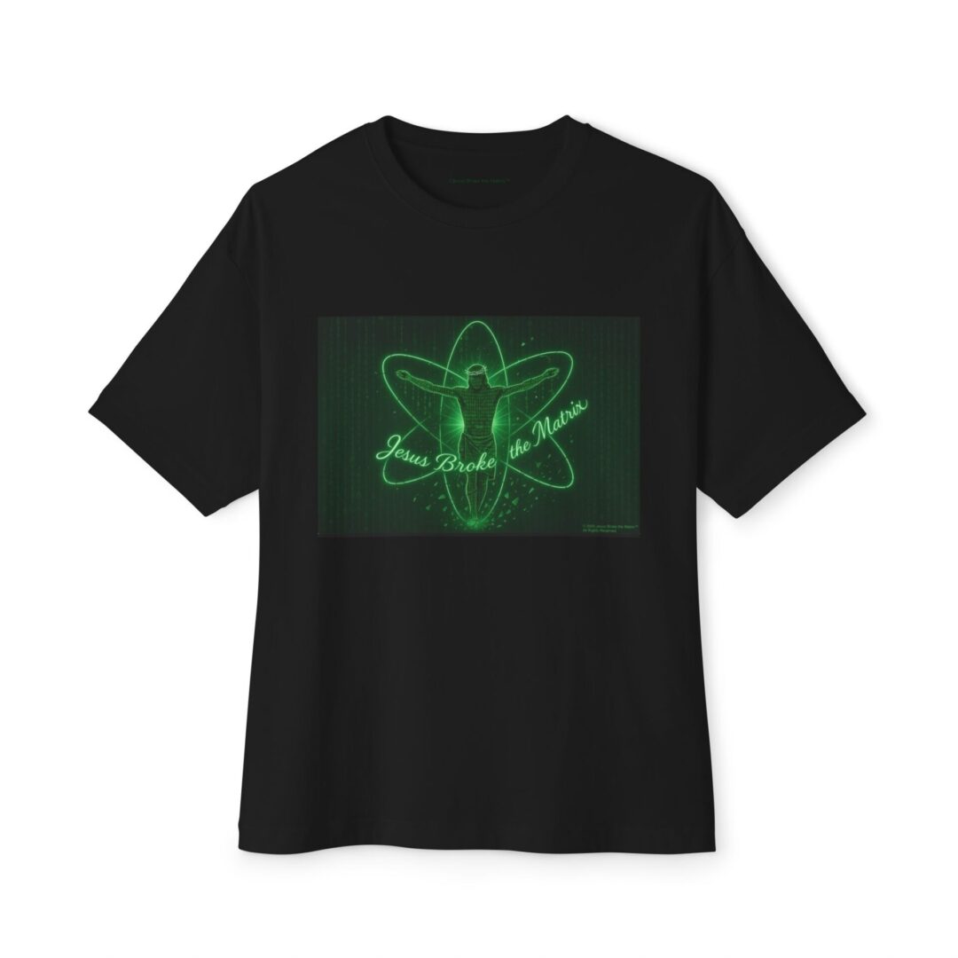 Black T-shirt with a green atomic design graphic.