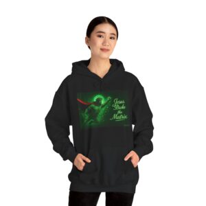 Person wearing a black hoodie with a glowing green dragon design.