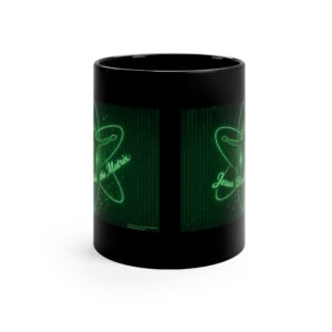 Black mug with green neon-style signature design.