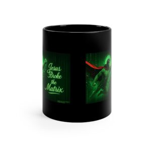 Black mug with green lettering and a green masked figure.
