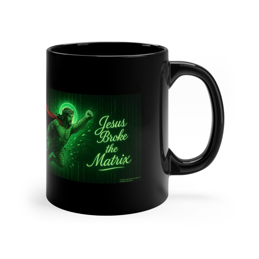 Black mug with glowing green 'Guess Who's Makin'' text and mystical design.