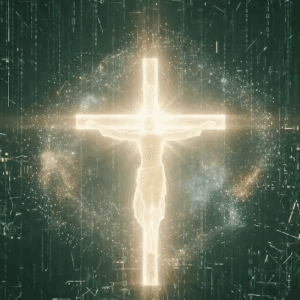Glowing figure on cross with digital background.