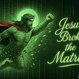 Jesus superhero breaking the matrix illustration.
