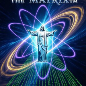 Jesus with digital matrix and atomic symbol.