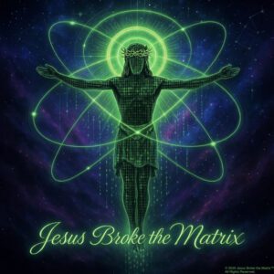 Digital Jesus with glowing green lines.