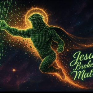 Jesus breaking matrix with binary code background.